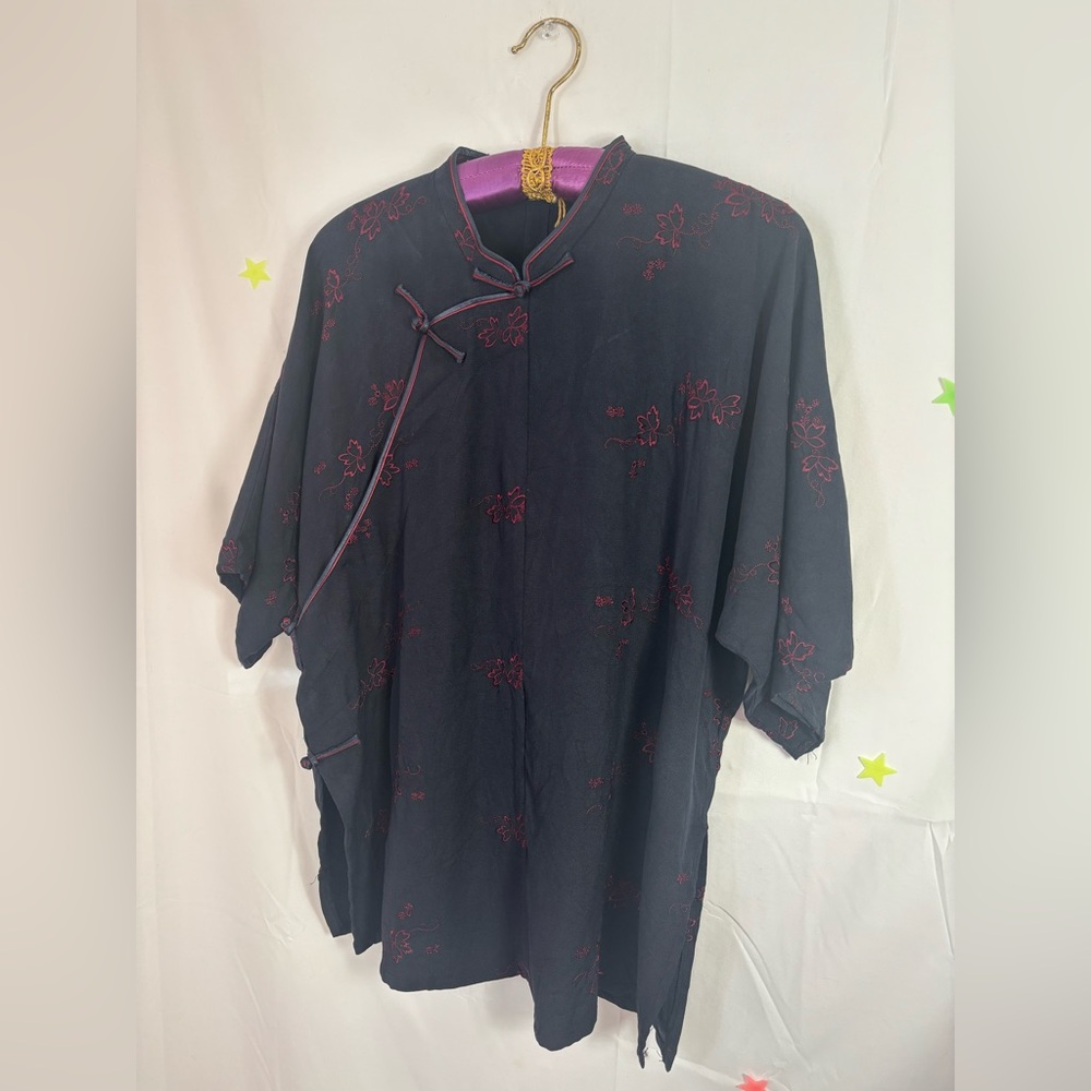 Black Cheongasm Top with Red Embroidery and Knot Buttons Women’s Size‎ L/XL